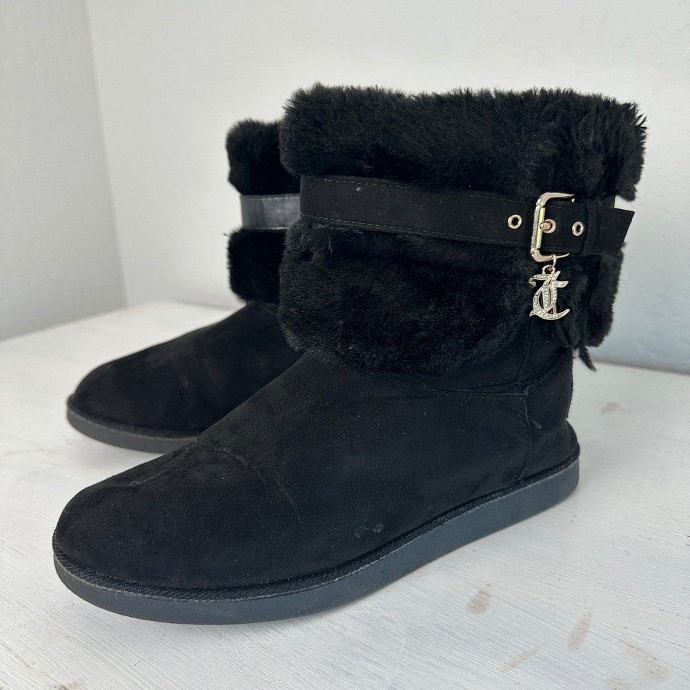 Juicy Couture Boots Womens 9.5 Winter Faux Fur Buckle Black Rhinestone Charm